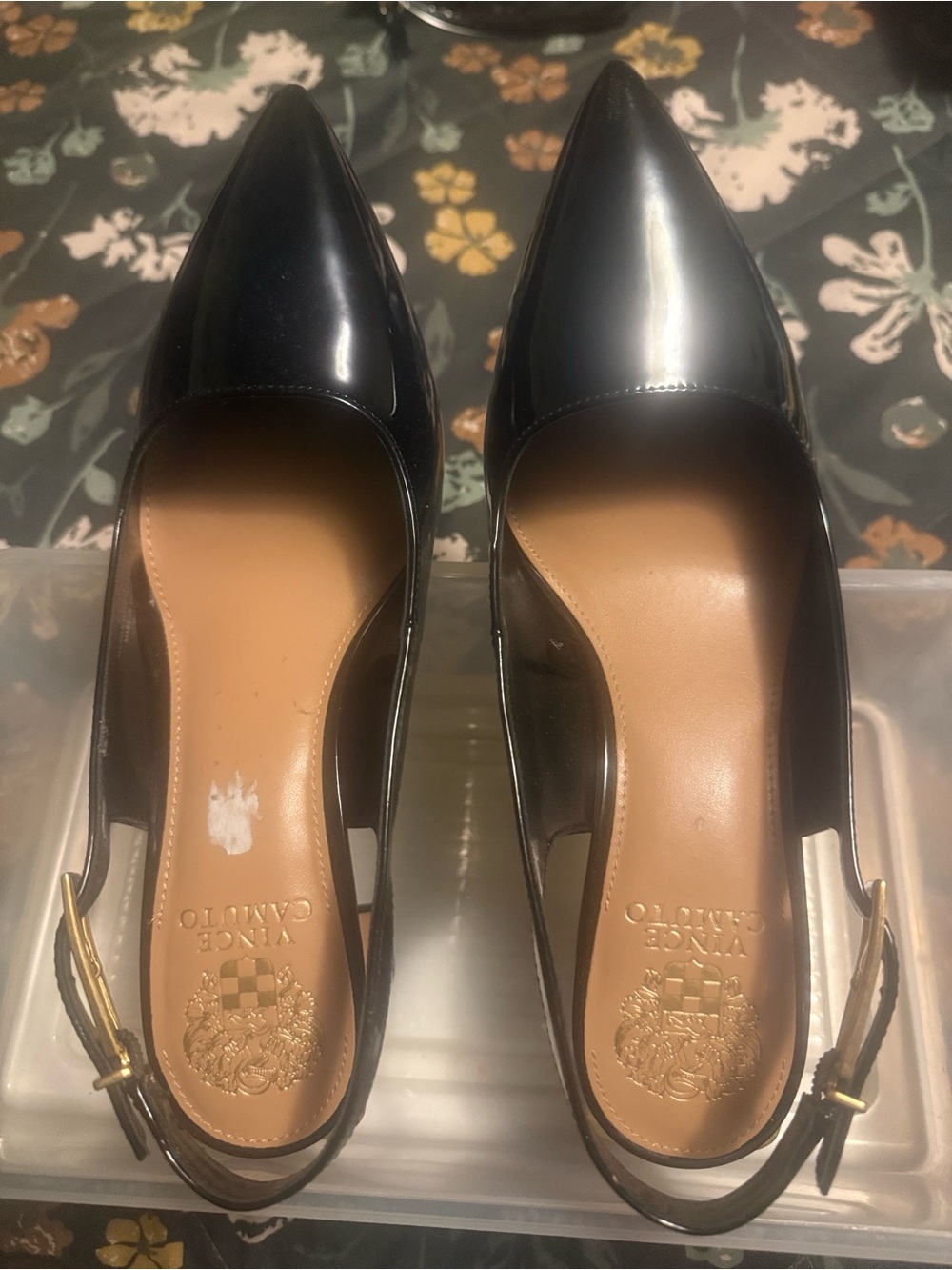 Sling back heels. See detail on strap and heel.